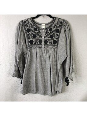 Sister Mary Tunic Top Womens XS Black Plaid Floral Embroidered Boho Tassel